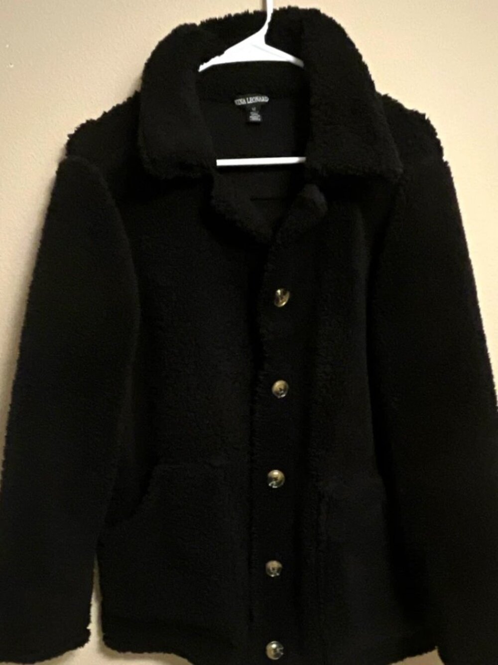 Nina Leonard Women's M Black Button Faux Sherpa Jacket Long Sleeve w/ Pockets